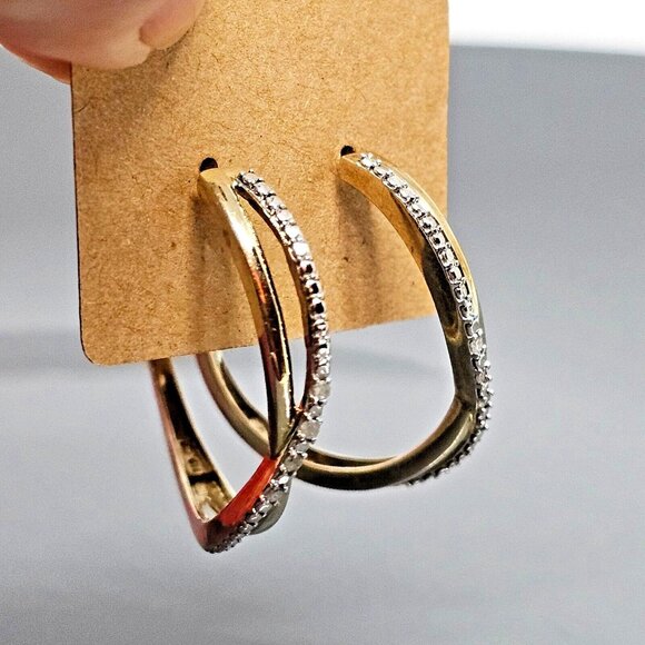 925 Sterling Silver Vermeil - Natural Diamond Crossover Semi Hoop Earrings - Picture 1 of 12
